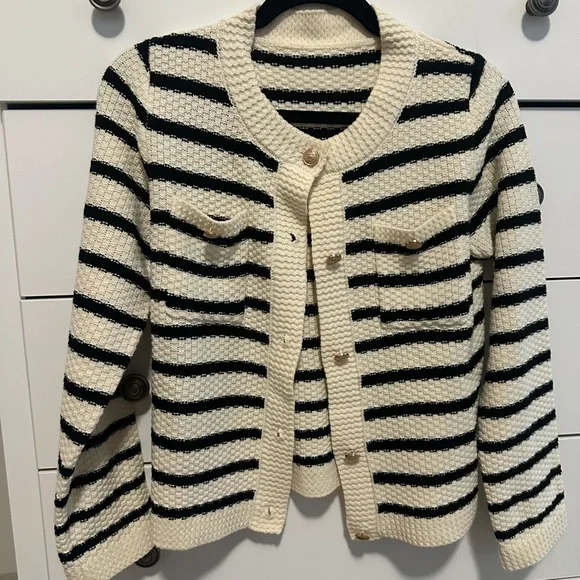 Striped Black and Cream Women's Sweater - Picture 1 of 4